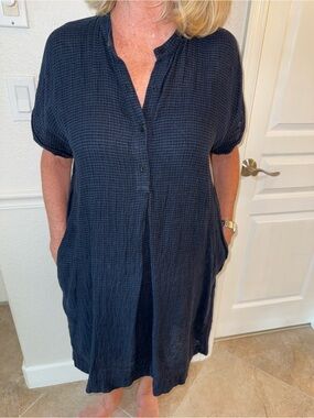 Eileen Fisher Navy Check Linen Shift Dress